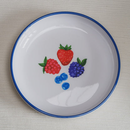 Looking down on the berries Macro Bowl, showing a colorful illustration of raspberries, strawberries, blackberries, and blueberries at the bottom of the bowl.